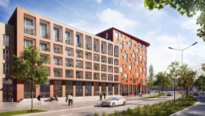 Ansicht des Neubaus des studiosus 5 Apartmenthauses in Augsburg seitens der Nagahama Allee