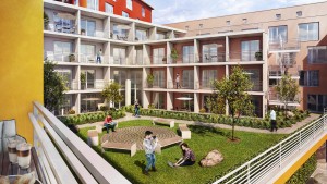 Ansicht Innenhof der studiosus 5 Wohnanlage in Augsburg mit Apartments mit Balkon, Terrasse oder Loggia