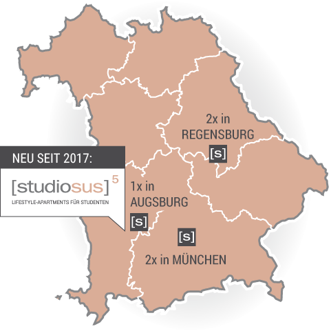 Übersichtskarte der studiosus Standorte in Deutschland: Studentenwohnungen und Apartments in Augsburg (Neubau Anlageobjekt bis 2017), Regensburg und München